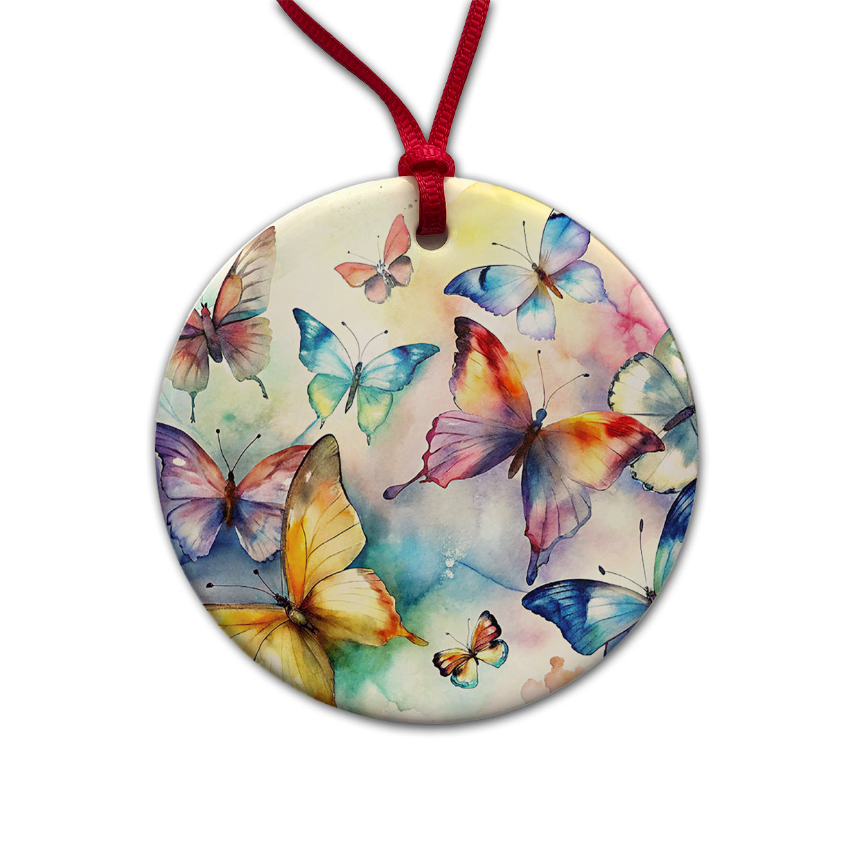 Beautiful Watercolor Colorful Butterflies Round Ceramic Holiday Christmas Tree Ornament