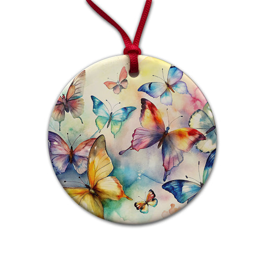 Beautiful Watercolor Colorful Butterflies Round Ceramic Holiday Christmas Tree Ornament