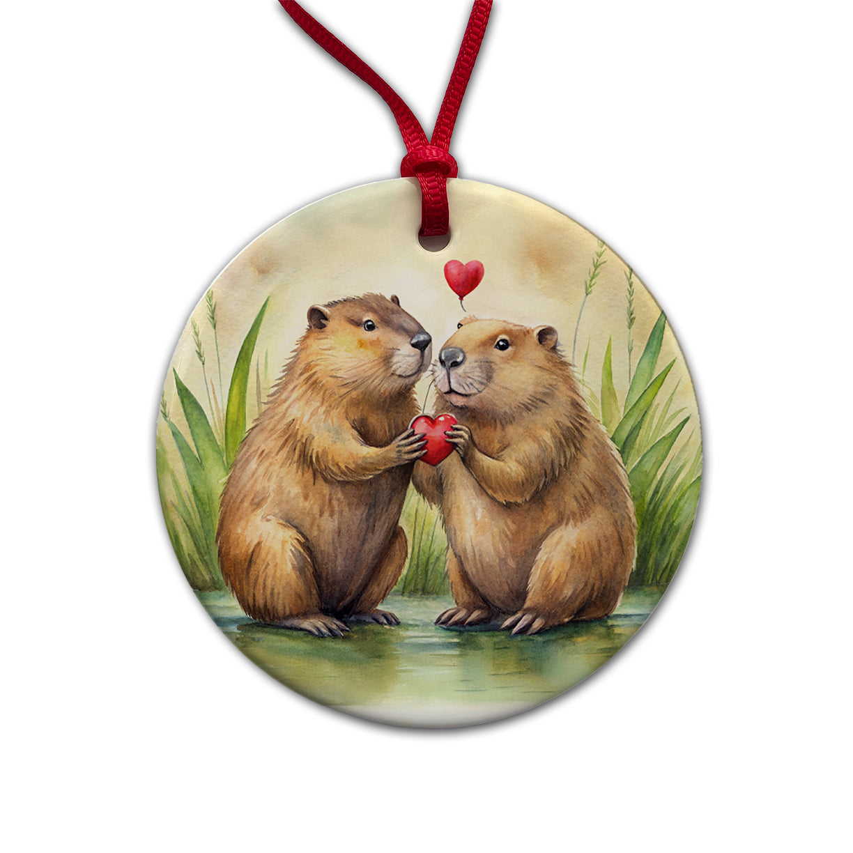 Beavers In Love Water Valentine's Day Round Ceramic Holiday Christmas Tree Ornament