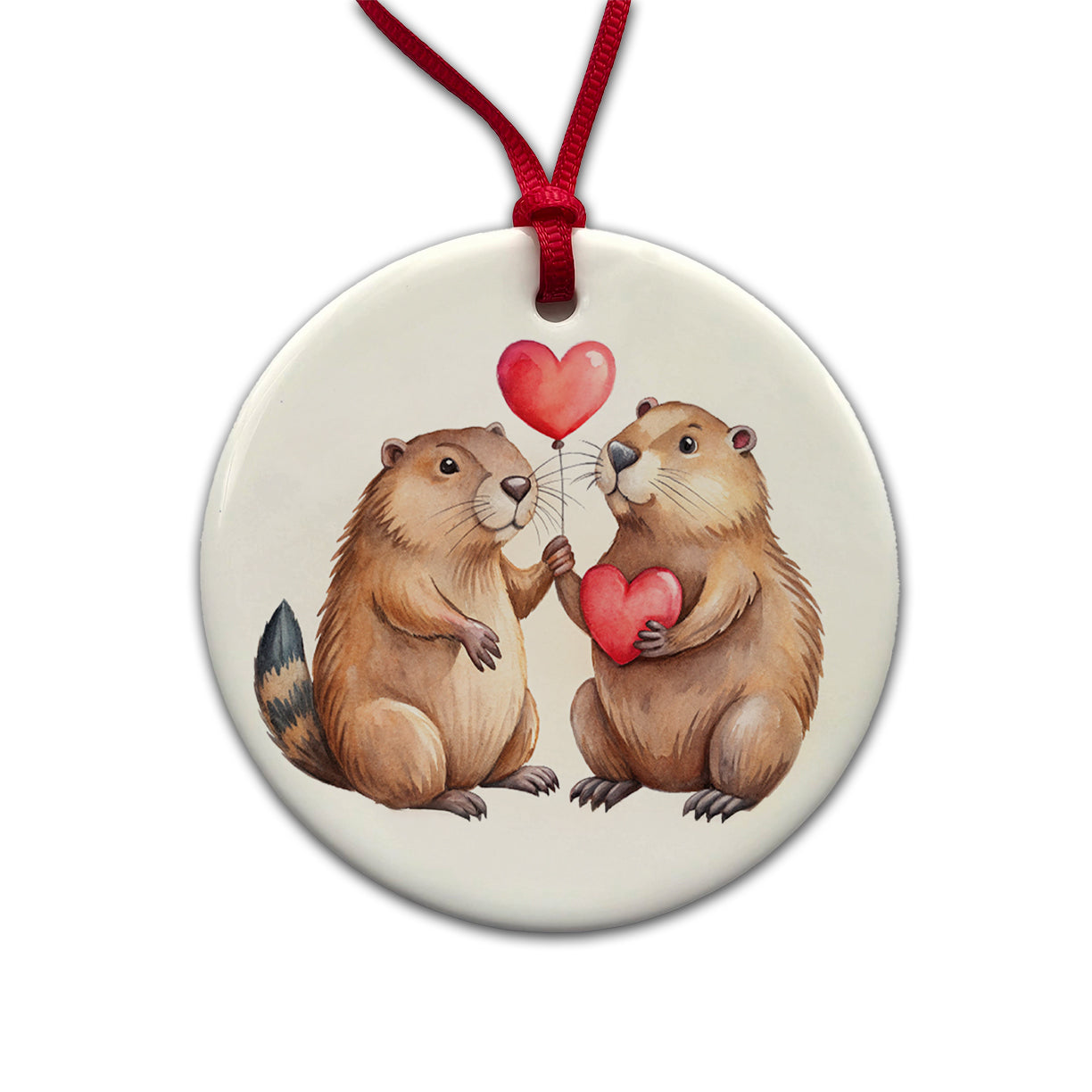 Beavers In Love With Hearts Valentine's Day Round Ceramic Holiday Christmas Tree Ornament