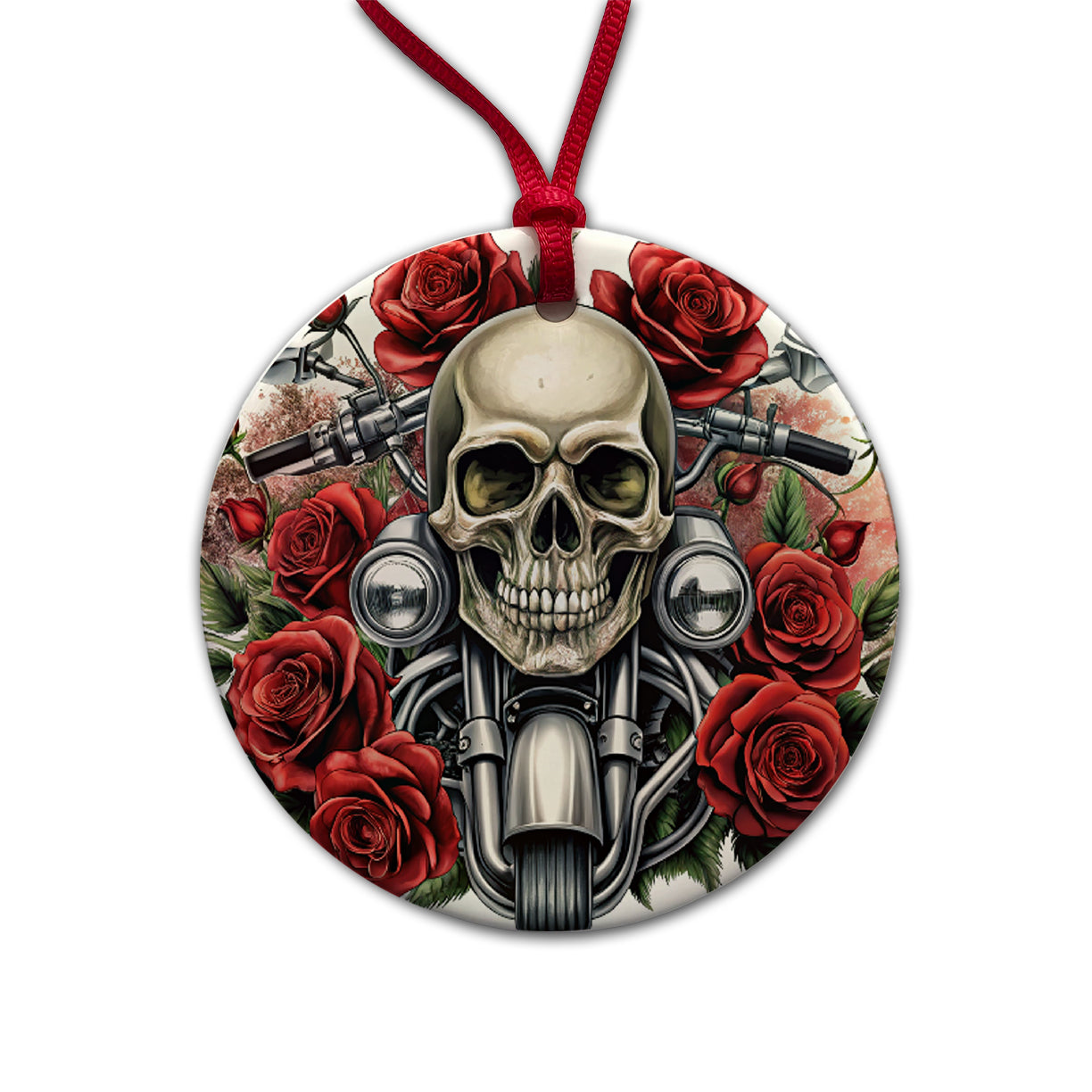 Biker Style Skulls And Roses Motorcycle Round Ceramic Holiday Christmas Tree Ornament