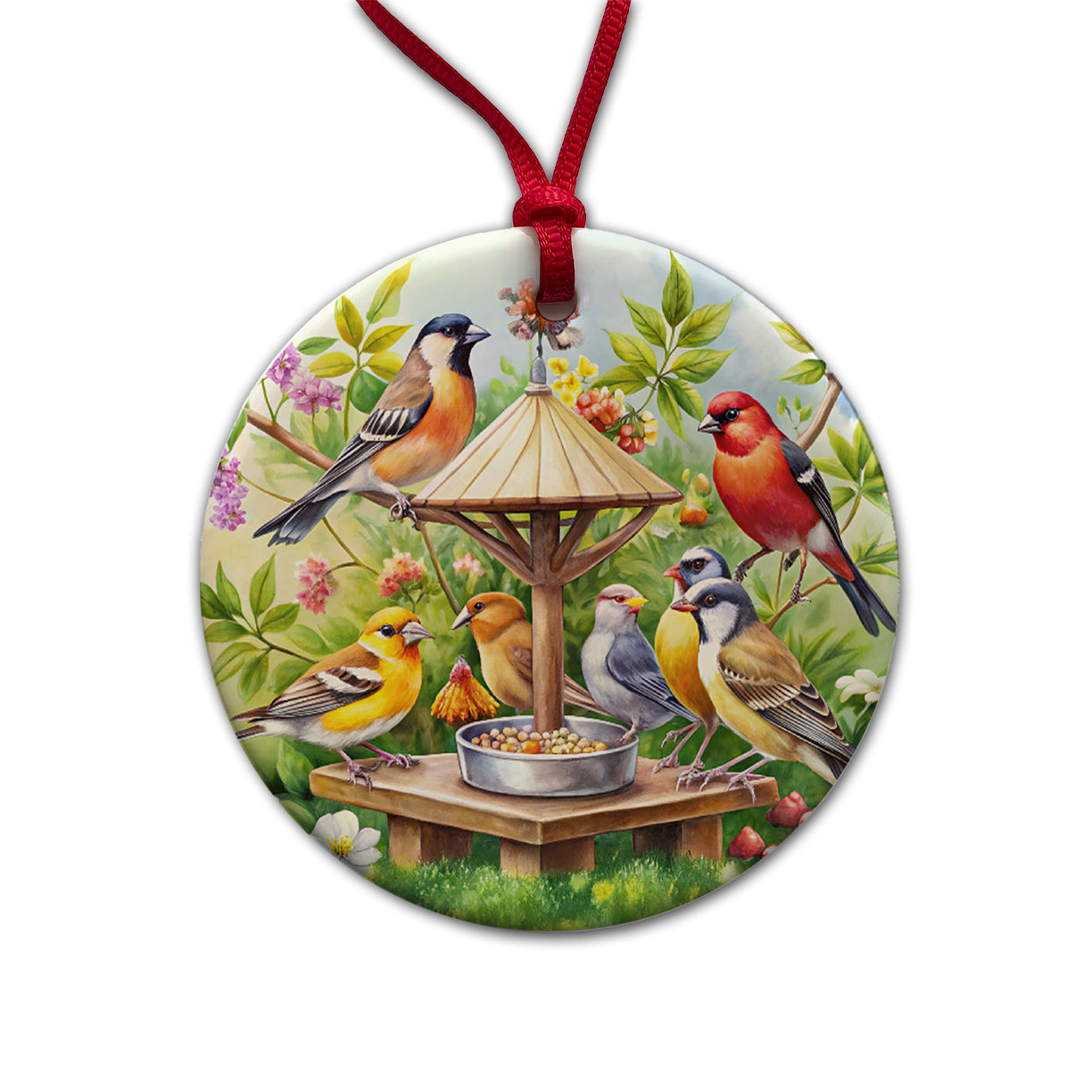 Birds At Feeder Watercolor Round Ceramic Holiday Christmas Tree Ornament