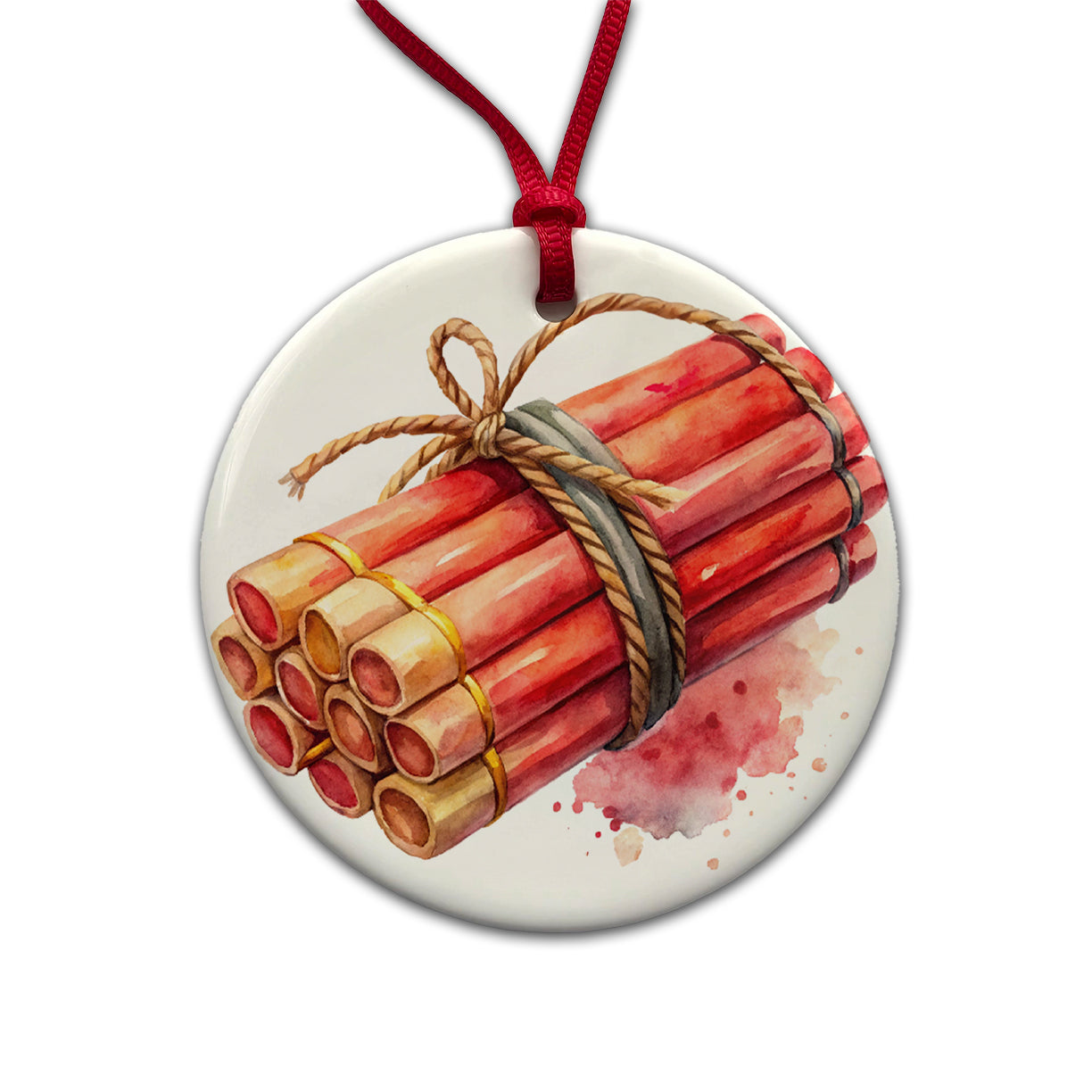 Bundle Of Sticks Of Dynamite Watercolor Round Ceramic Holiday Christmas Tree Ornament