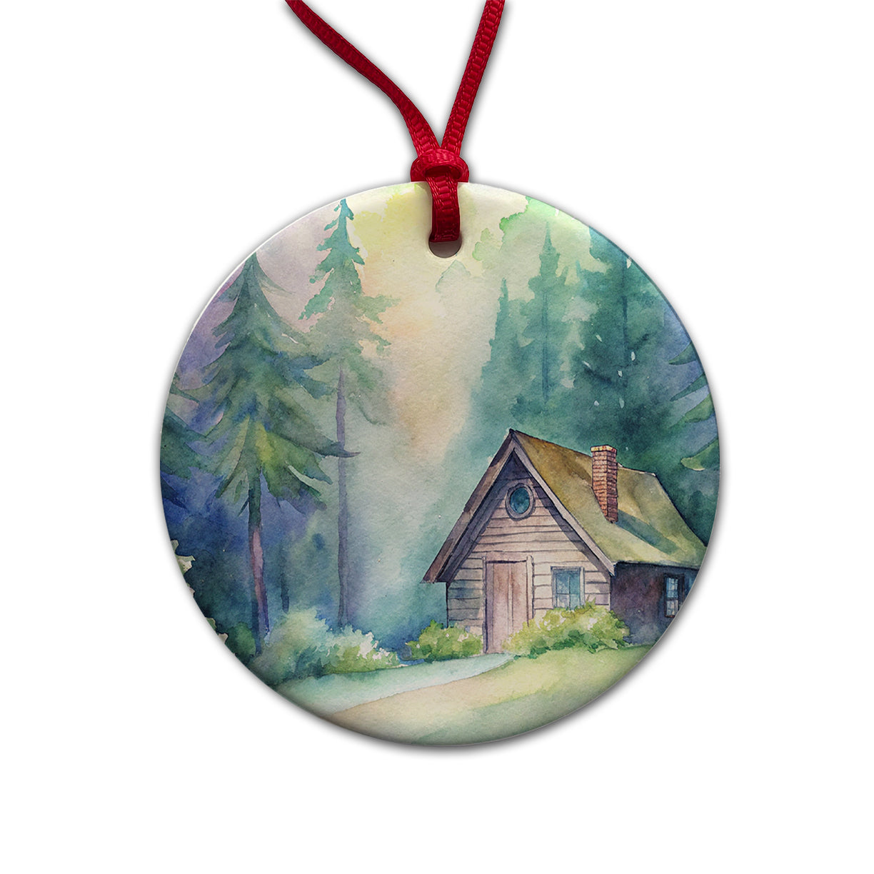 Cabin In The Forest Woods Watercolor Round Ceramic Holiday Christmas Tree Ornament