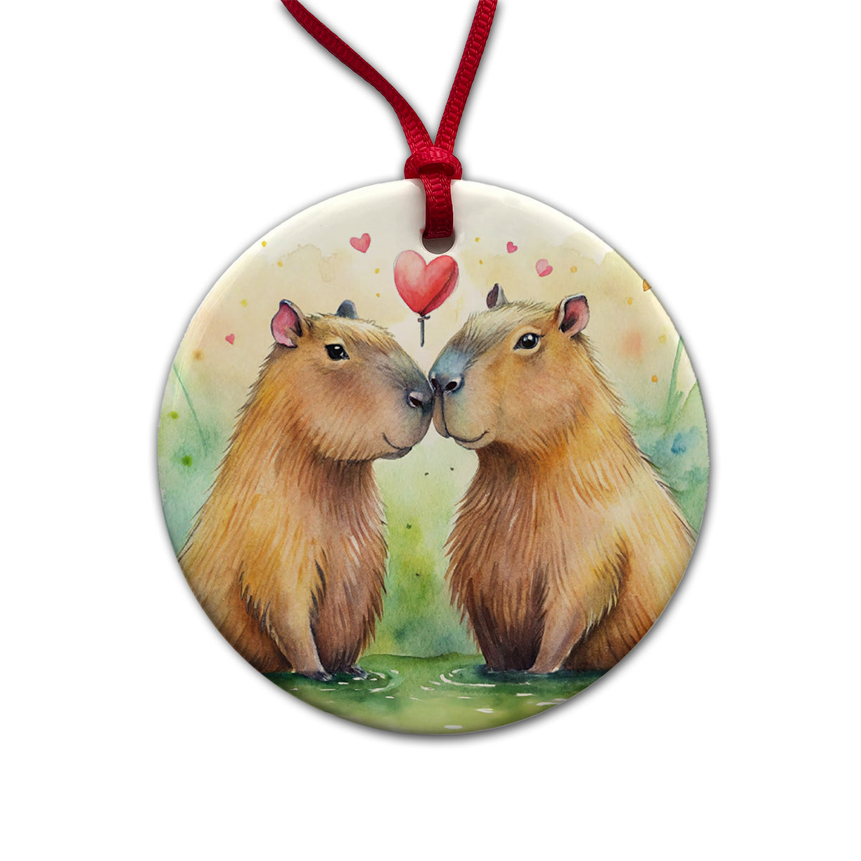 Capybaras In Love Valentine's Day Round Ceramic Holiday Christmas Tree Ornament