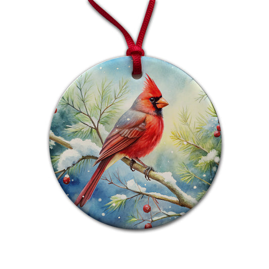 Cardinal In Snowy Tree Winter Watercolor Christmas Round Ceramic Holiday Christmas Tree Ornament