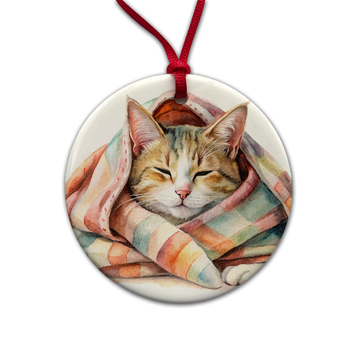 Cat Snuggling In Blanket Watercolor Round Ceramic Holiday Christmas Tree Ornament