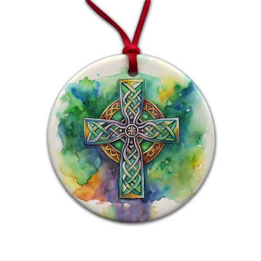 Celtic Christian Cross Watercolor Round Ceramic Holiday Christmas Tree Ornament
