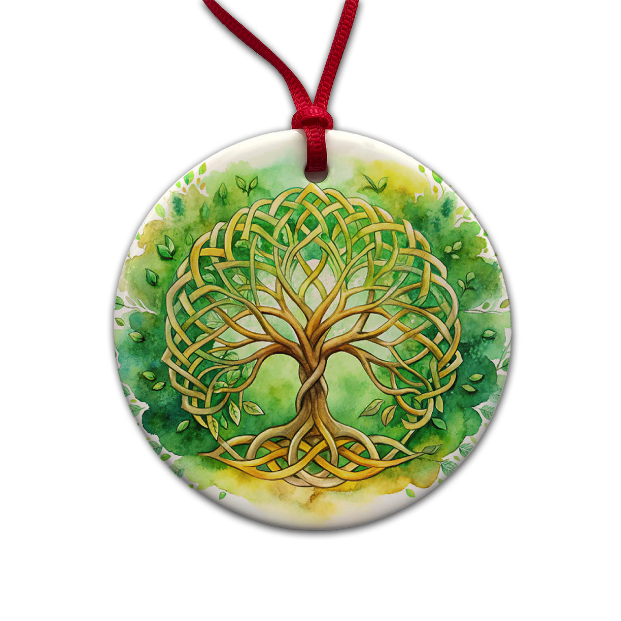 Celtic Irish Tree Of Life Knots Green And Golden Watercolor Round Ceramic Holiday Christmas Tree Ornament