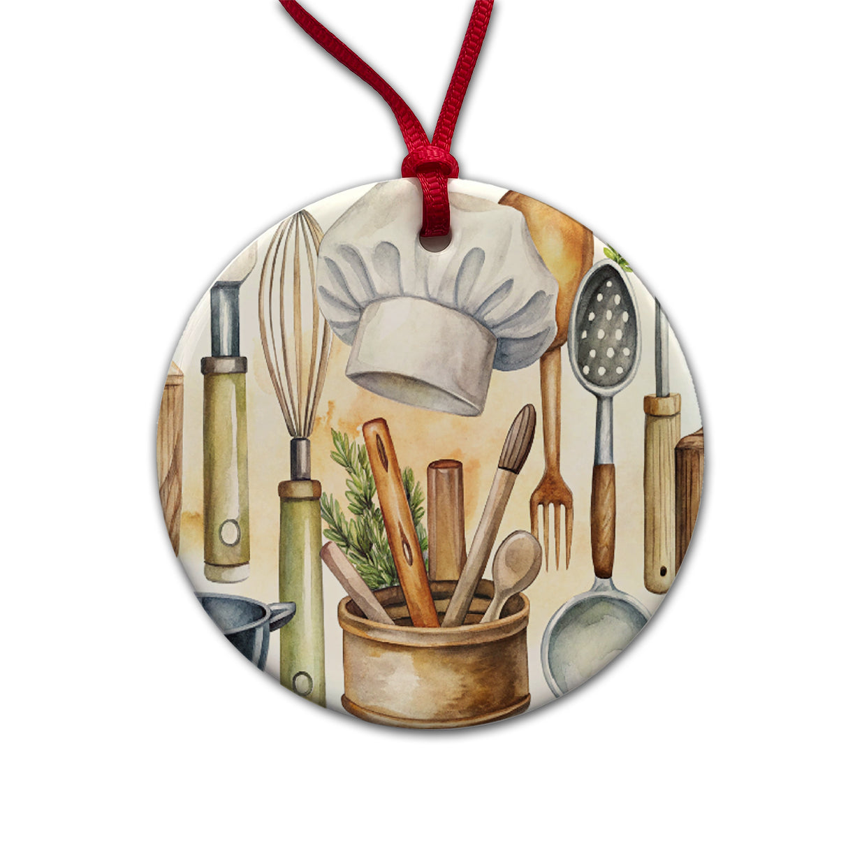 Chef's Baker's Tools Cooking Watercolor Round Ceramic Holiday Christmas Tree Ornament