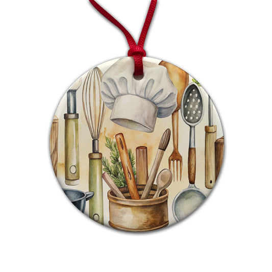 Chef's Baker's Tools Cooking Watercolor Round Ceramic Holiday Christmas Tree Ornament