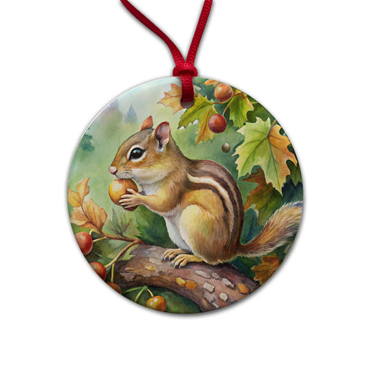 Chipmunk Eating Acorn In Tree Watercolor Round Ceramic Holiday Christmas Tree Ornament