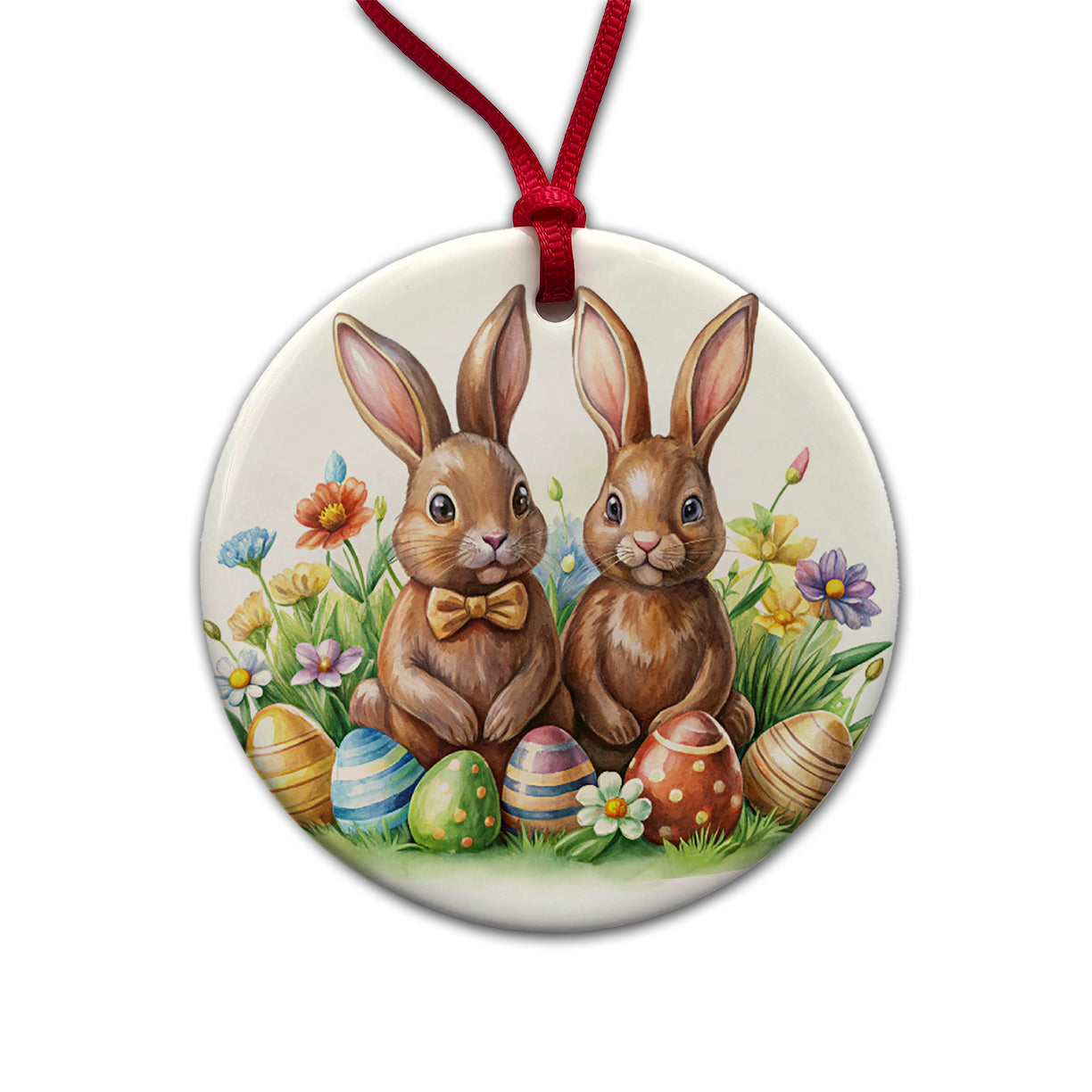 Chocolate Easter Bunnies Rabbits Cute Round Ceramic Holiday Christmas Tree Ornament