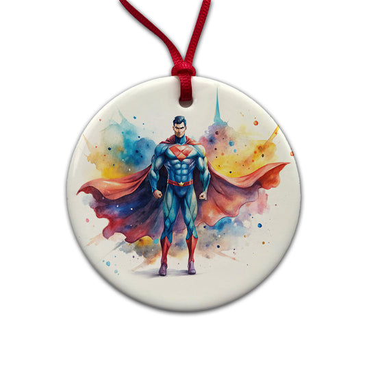 Classic Caped Superhero Watercolor Round Ceramic Holiday Christmas Tree Ornament