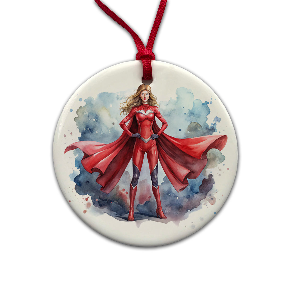 Classic Female Superhero With Red Costume Watercolor Round Ceramic Holiday Christmas Tree Ornament