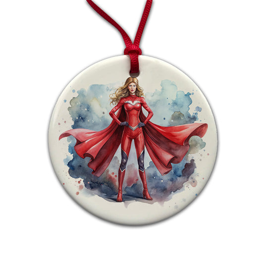 Classic Female Superhero With Red Costume Watercolor Round Ceramic Holiday Christmas Tree Ornament