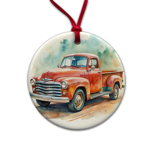 Classic Retro Vintage Pickup Truck Watercolor Round Ceramic Holiday Christmas Tree Ornament