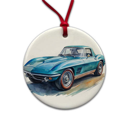 Classic Vintage Blue Sports Car Watercolor Round Ceramic Holiday Christmas Tree Ornament