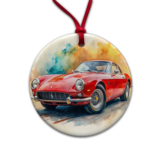 Classic Vintage Red Italian Sports Car Watercolor Round Ceramic Holiday Christmas Tree Ornament