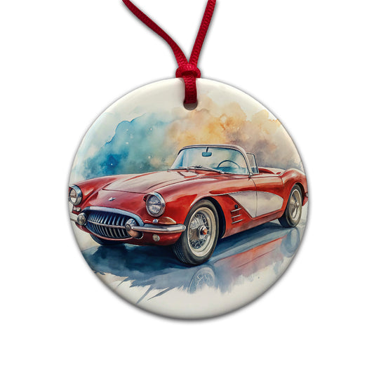 Classic Vintage Red White Sports Car Watercolor Round Ceramic Holiday Christmas Tree Ornament