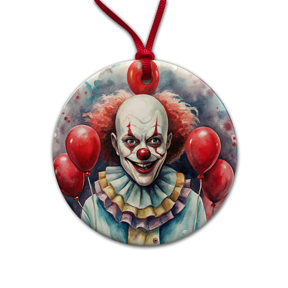 Creepy Scary Evil Clown With Red Balloons Watercolor Round Ceramic Holiday Christmas Tree Ornament