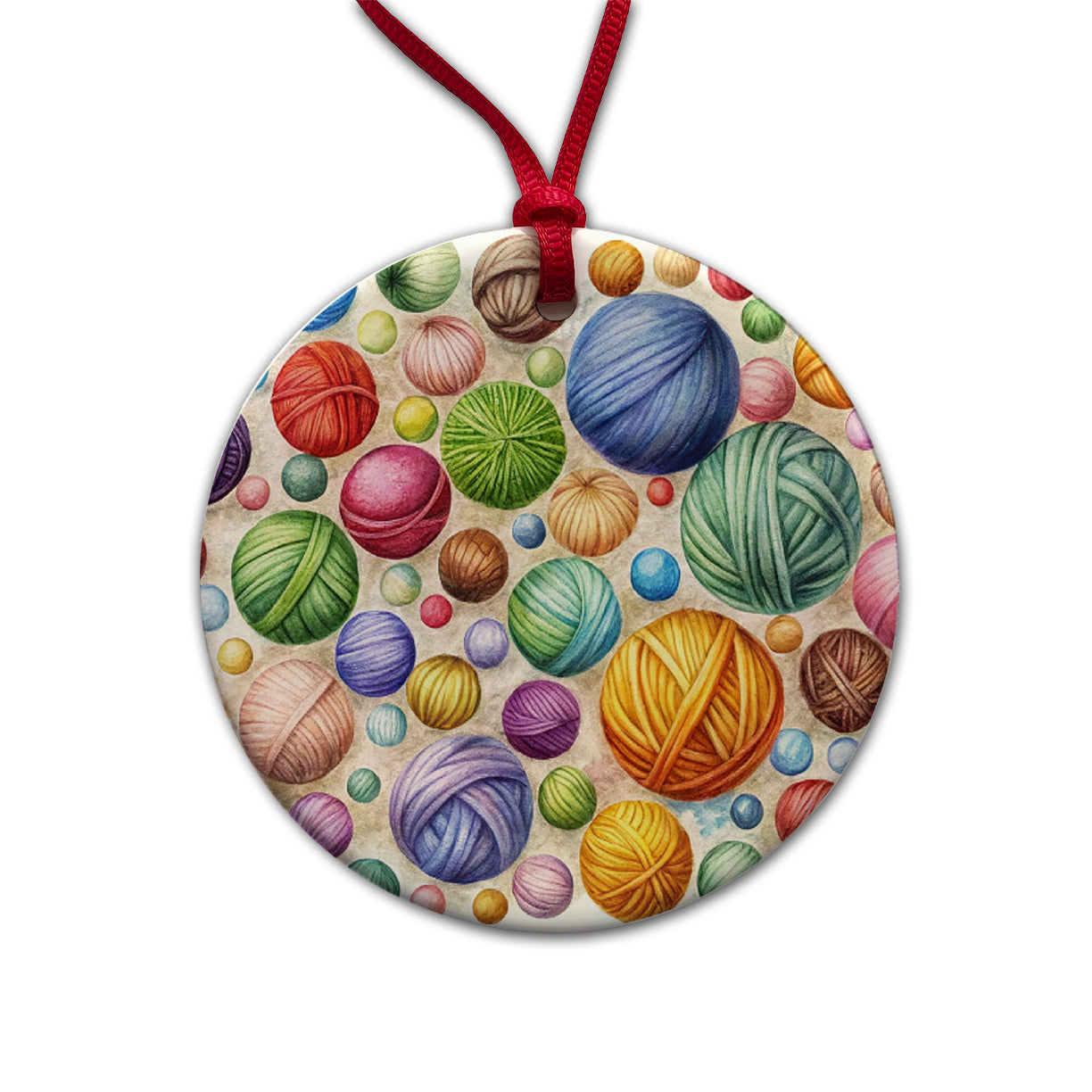 Crocheting Knitting Colorful Yarn Balls Round Ceramic Holiday Christmas Tree Ornament