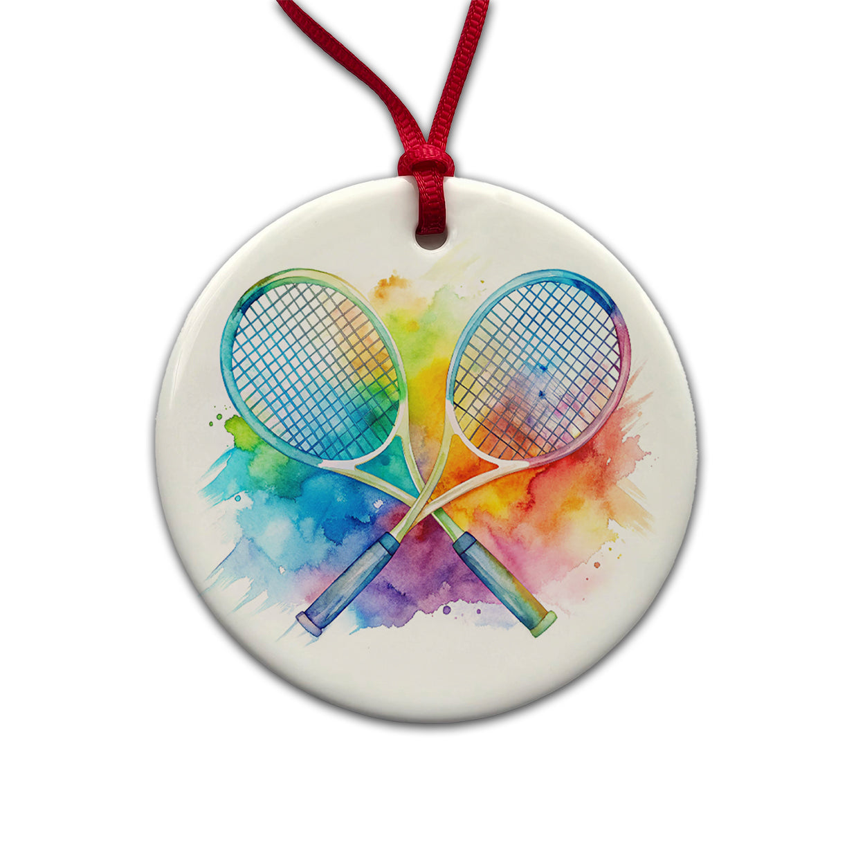Crossed Tennis Rackets Watercolor Round Ceramic Holiday Christmas Tree Ornament