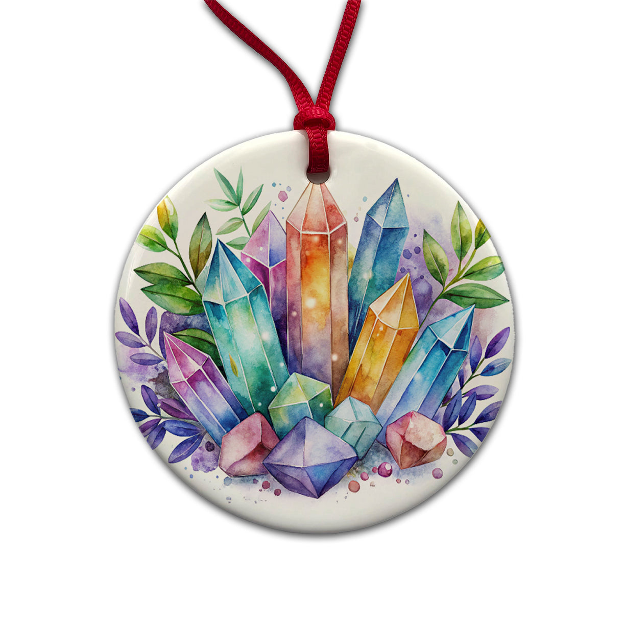 Crystal Geodes Mystical Healing Protection Watercolor Round Ceramic Holiday Christmas Tree Ornament