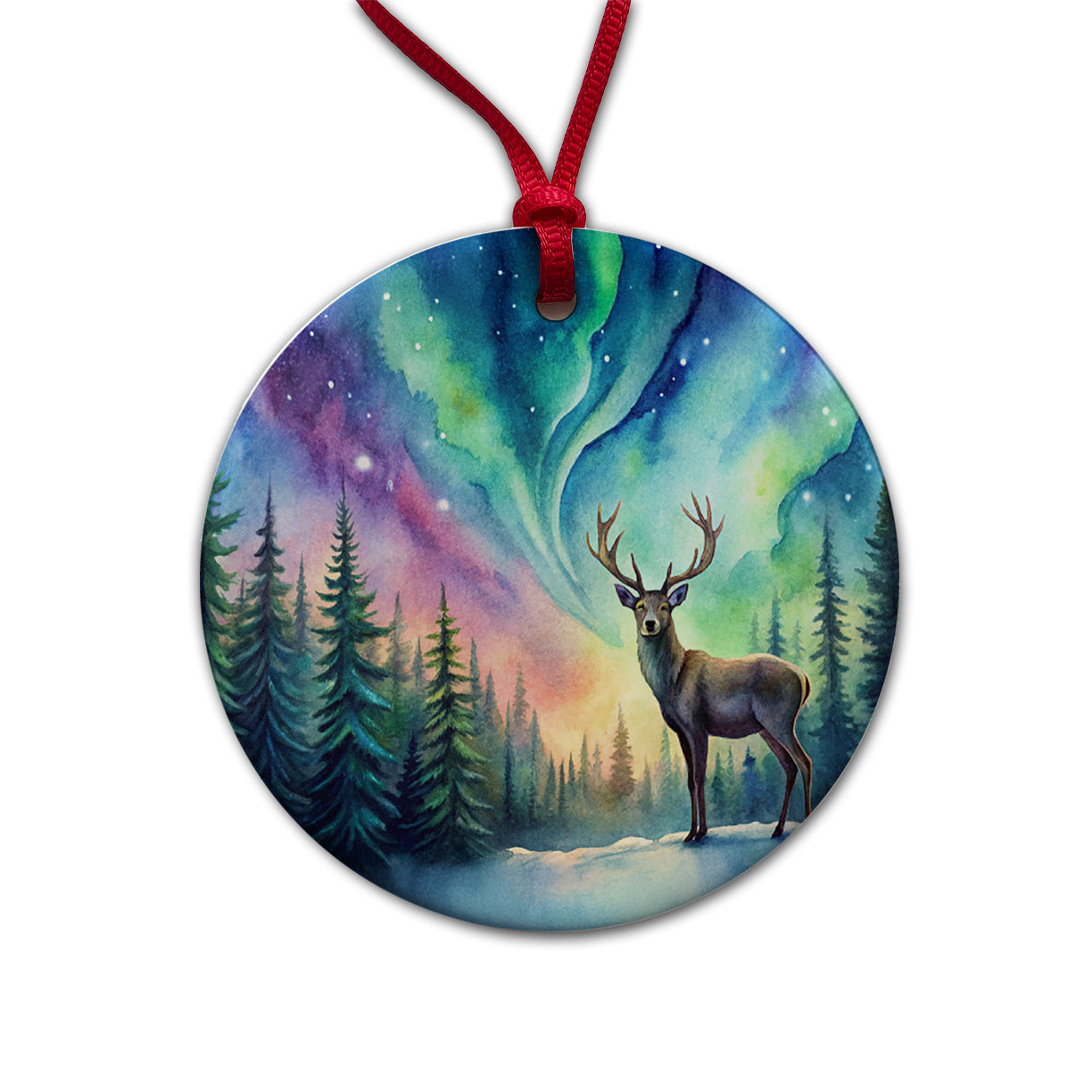 Deer And Northern Lights Watercolor Round Ceramic Holiday Christmas Tree Ornament