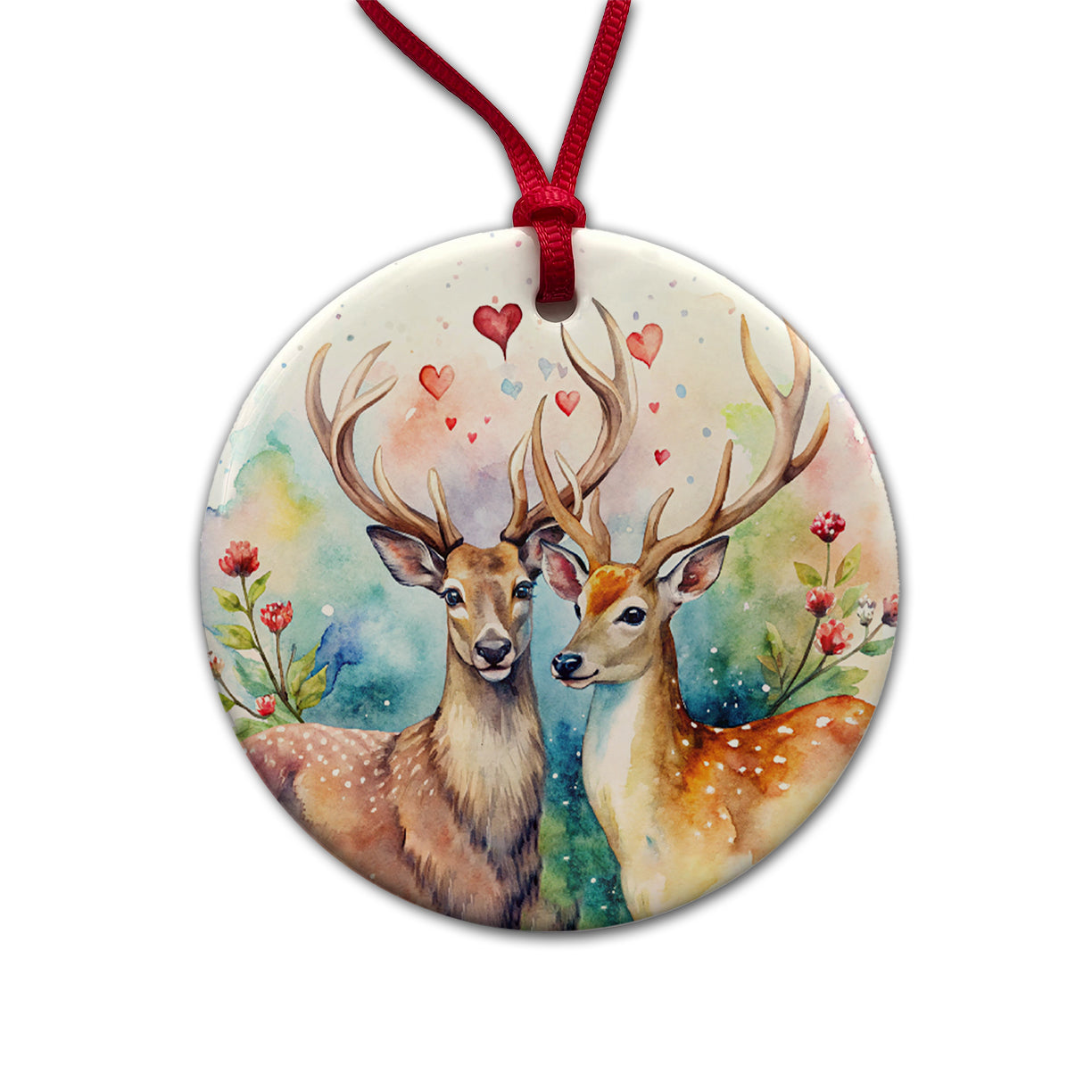 Deer In Love Valentine's Day Round Ceramic Holiday Christmas Tree Ornament
