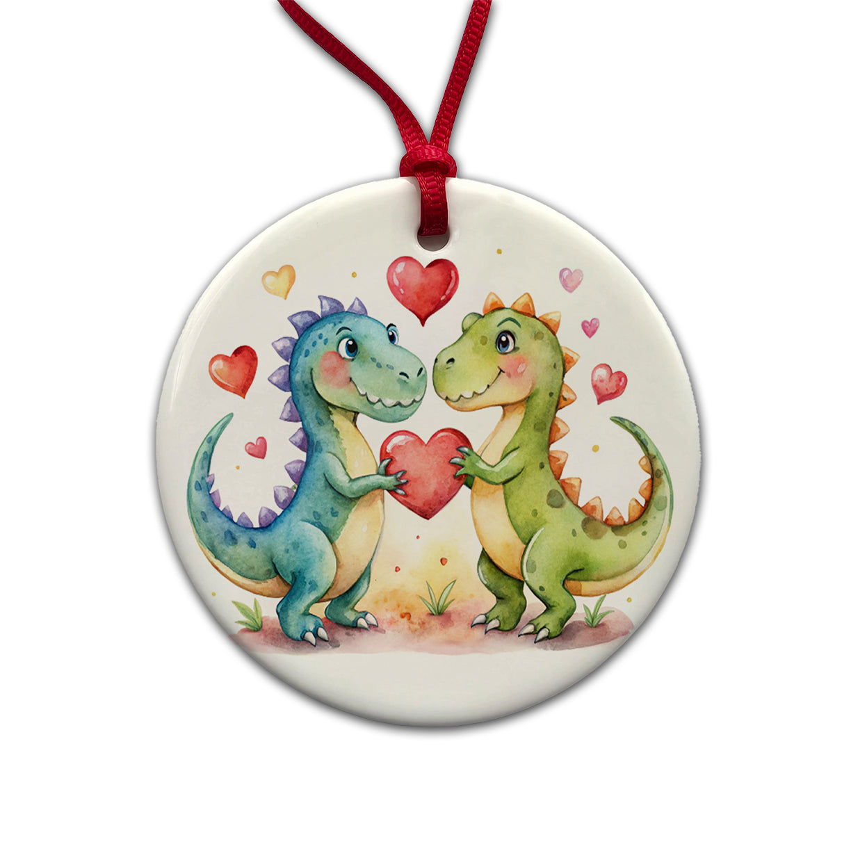 Dinosaurs In Love With Hearts Valentine's Day Round Ceramic Holiday Christmas Tree Ornament