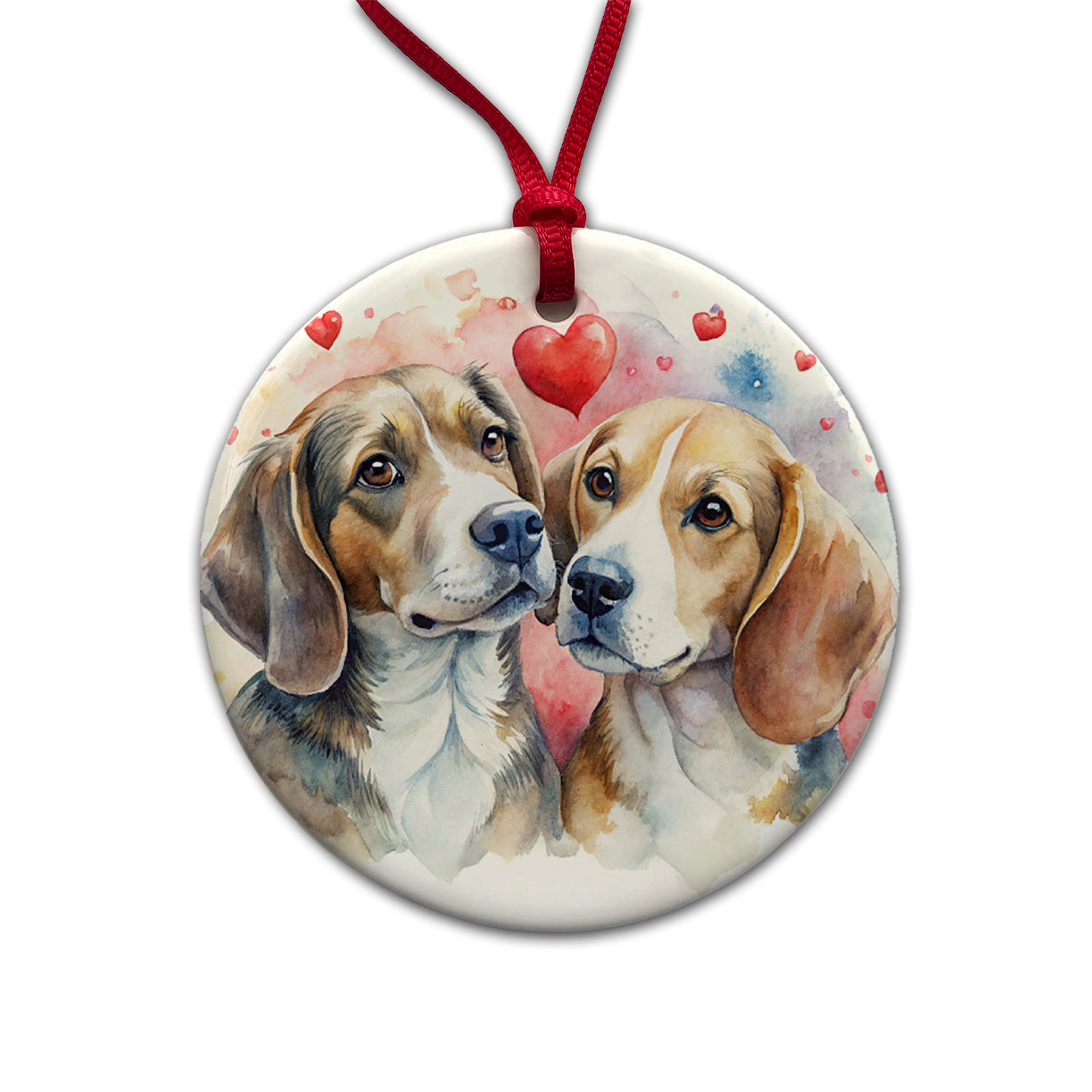 Dogs In Love Valentine's Day Beagles Round Ceramic Holiday Christmas Tree Ornament