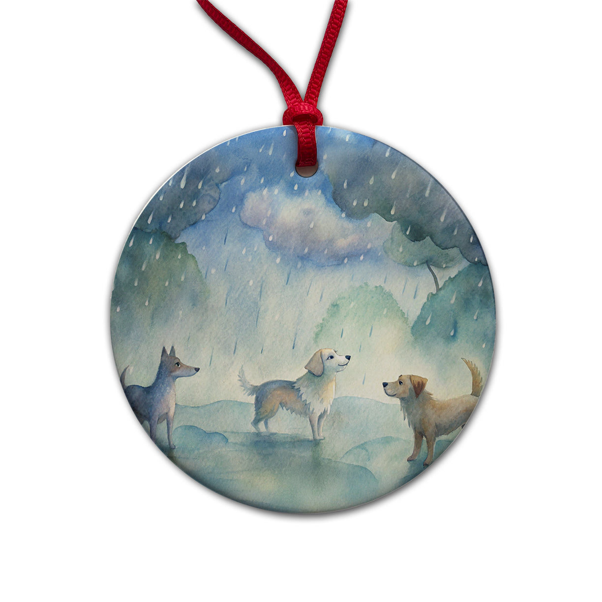 Dogs In The Rain Watercolor Round Ceramic Holiday Christmas Tree Ornament