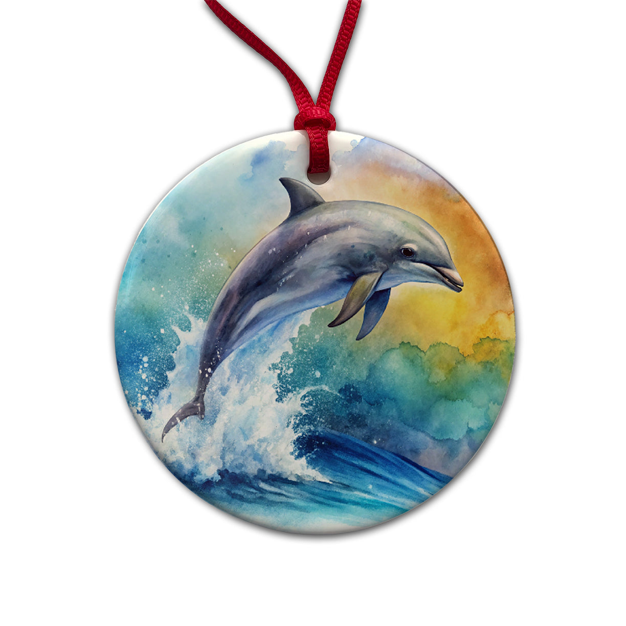Dolphin Jumping In Ocean Watercolor Round Ceramic Holiday Christmas Tree Ornament