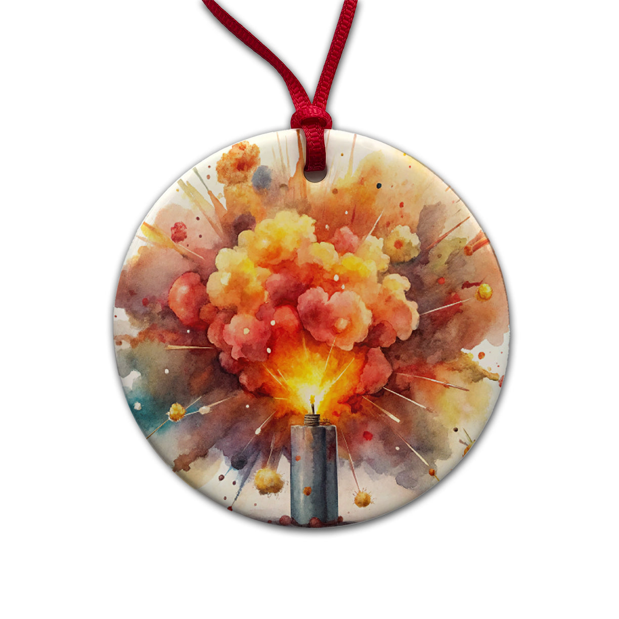 Dynamite Exploding Explosion Watercolor Round Ceramic Holiday Christmas Tree Ornament