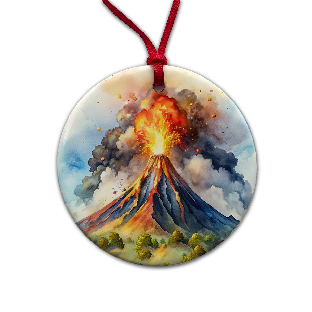 Erupting Volcano Watercolor Round Ceramic Holiday Christmas Tree Ornament