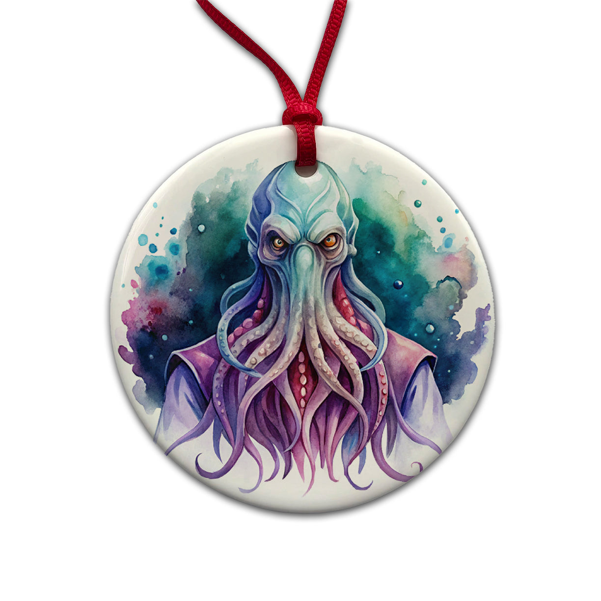 Fantasy Creature Monster Illithid Watercolor Round Ceramic Holiday Christmas Tree Ornament