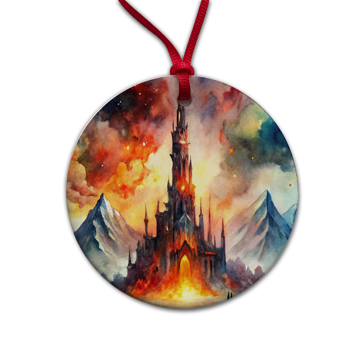 Fantasy Evil Dark Castle Watercolor Round Ceramic Holiday Christmas Tree Ornament