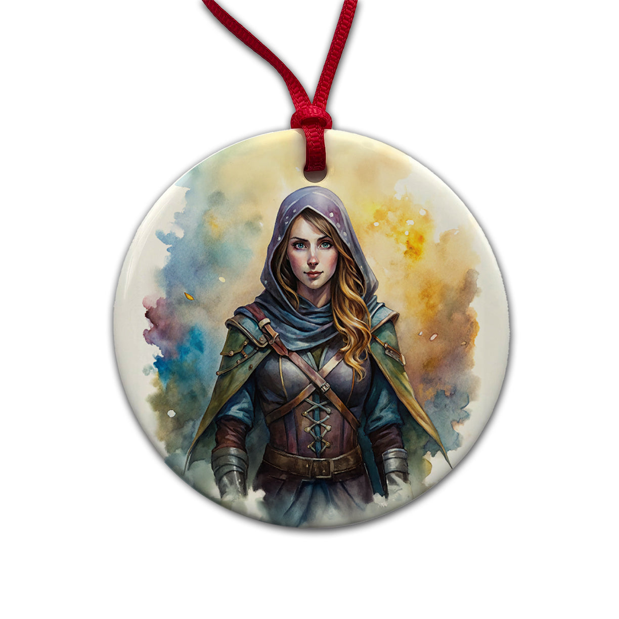 Fantasy Female Thief Rogue Watercolor Round Ceramic Holiday Christmas Tree Ornament