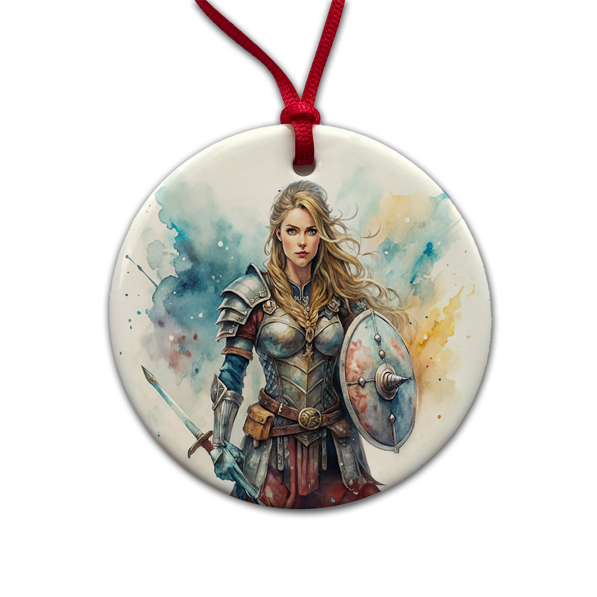 Fantasy Female Warrior Knight Watercolor Round Ceramic Holiday Christmas Tree Ornament