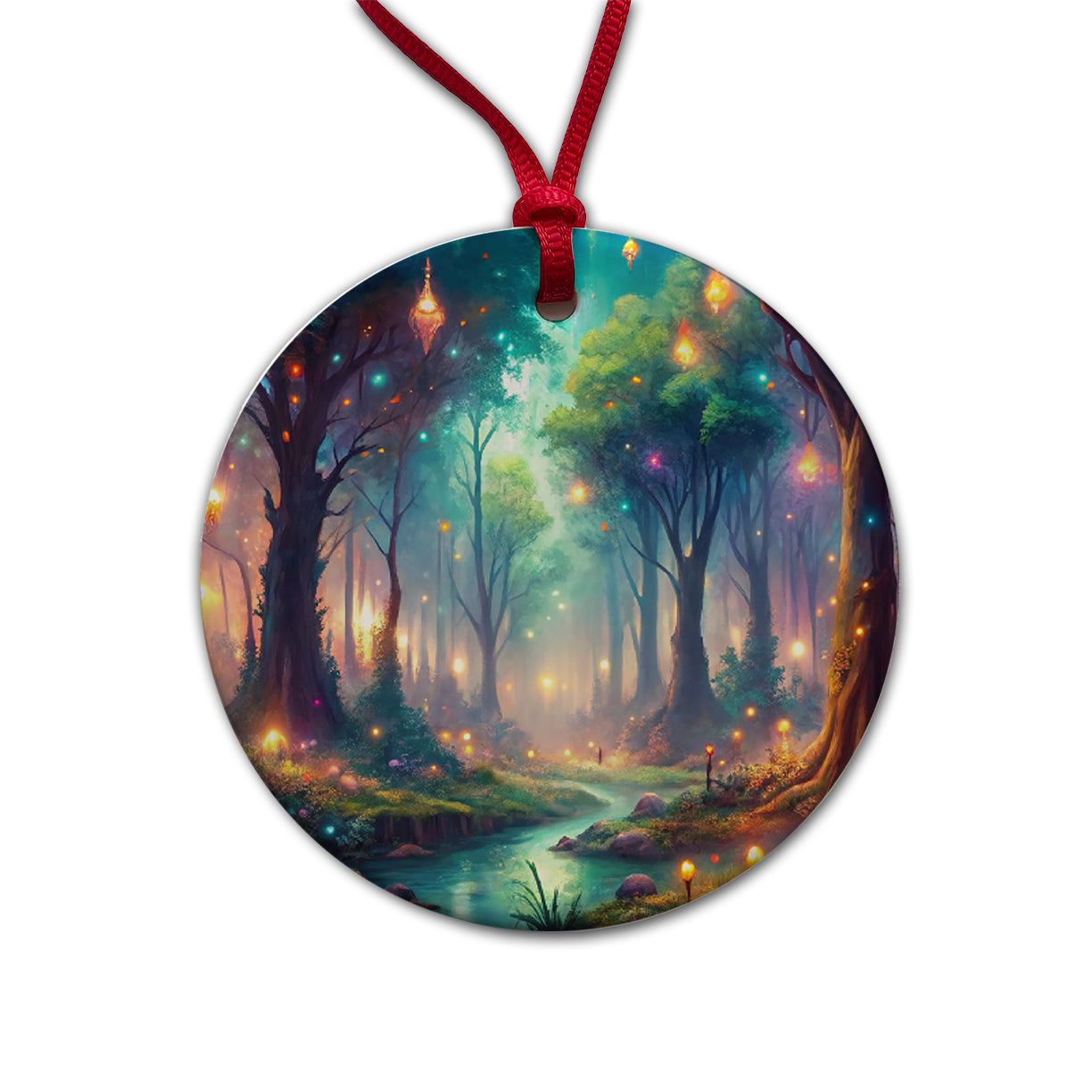 Fantasy Forest With Glowing Sprites Fae Spirits Watercolor Round Ceramic Holiday Christmas Tree Ornament
