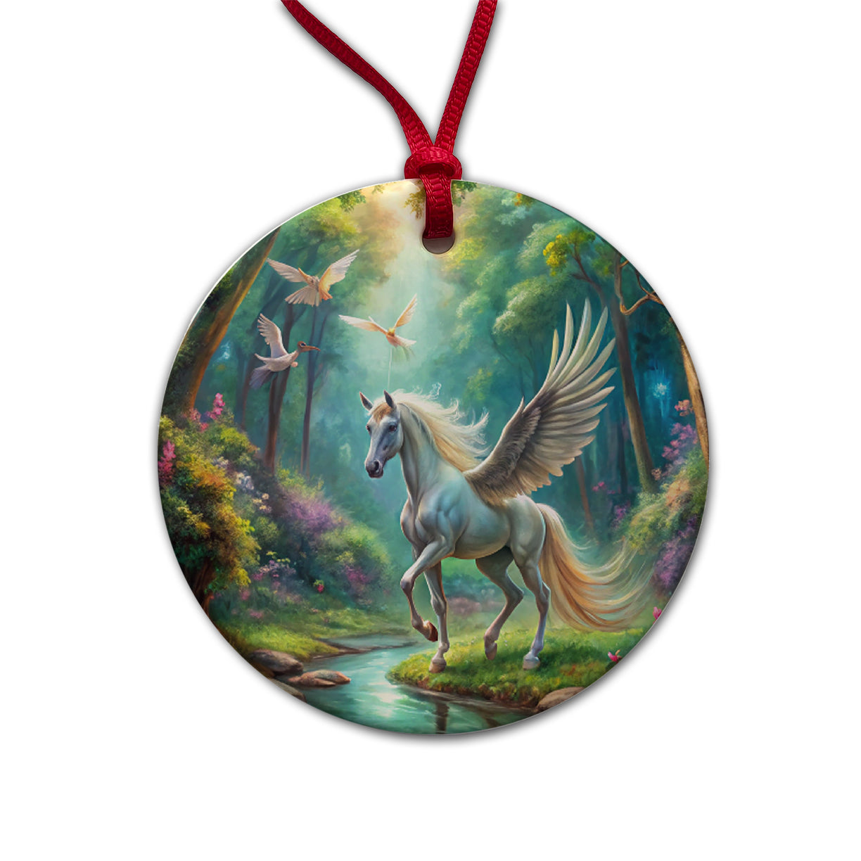 Fantasy Forest With Pegasus Winged-stallion Watercolor Round Ceramic Holiday Christmas Tree Ornament