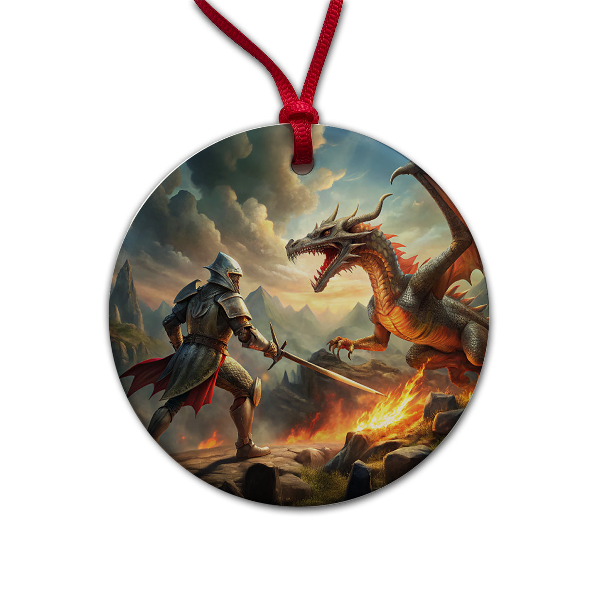 Fantasy Knight Fighting A Fire-breathing Dragon Round Ceramic Holiday Christmas Tree Ornament