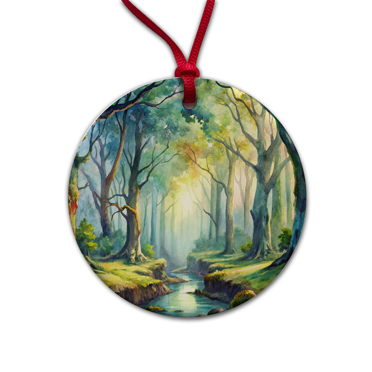 Fantasy Misty Forest Stream And Trees Watercolor Round Ceramic Holiday Christmas Tree Ornament