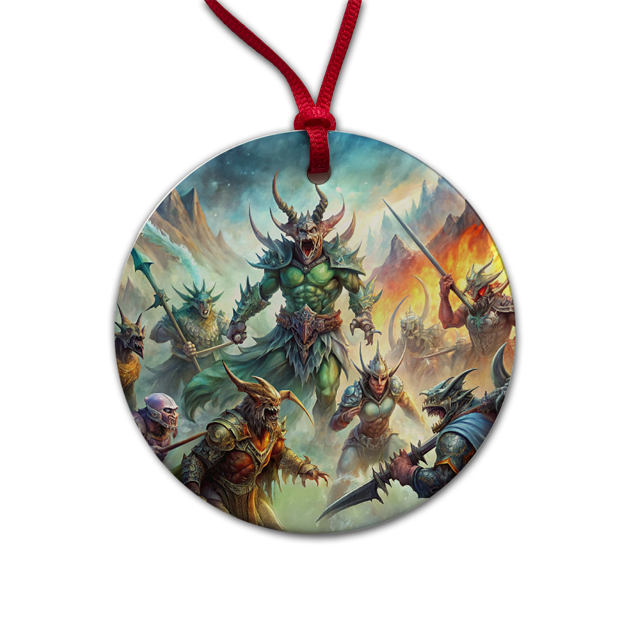 Fantasy Monsters In Battle Watercolor Round Ceramic Holiday Christmas Tree Ornament