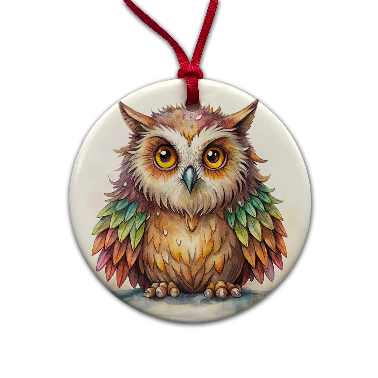 Fantasy Owlbear Owl Bear Colorful Wings Watercolor Round Ceramic Holiday Christmas Tree Ornament