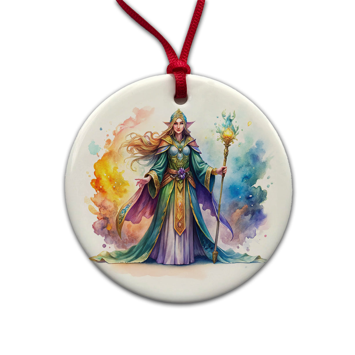 Fantasy Sorceress Colorful Magic Mana Watercolor Round Ceramic Holiday Christmas Tree Ornament