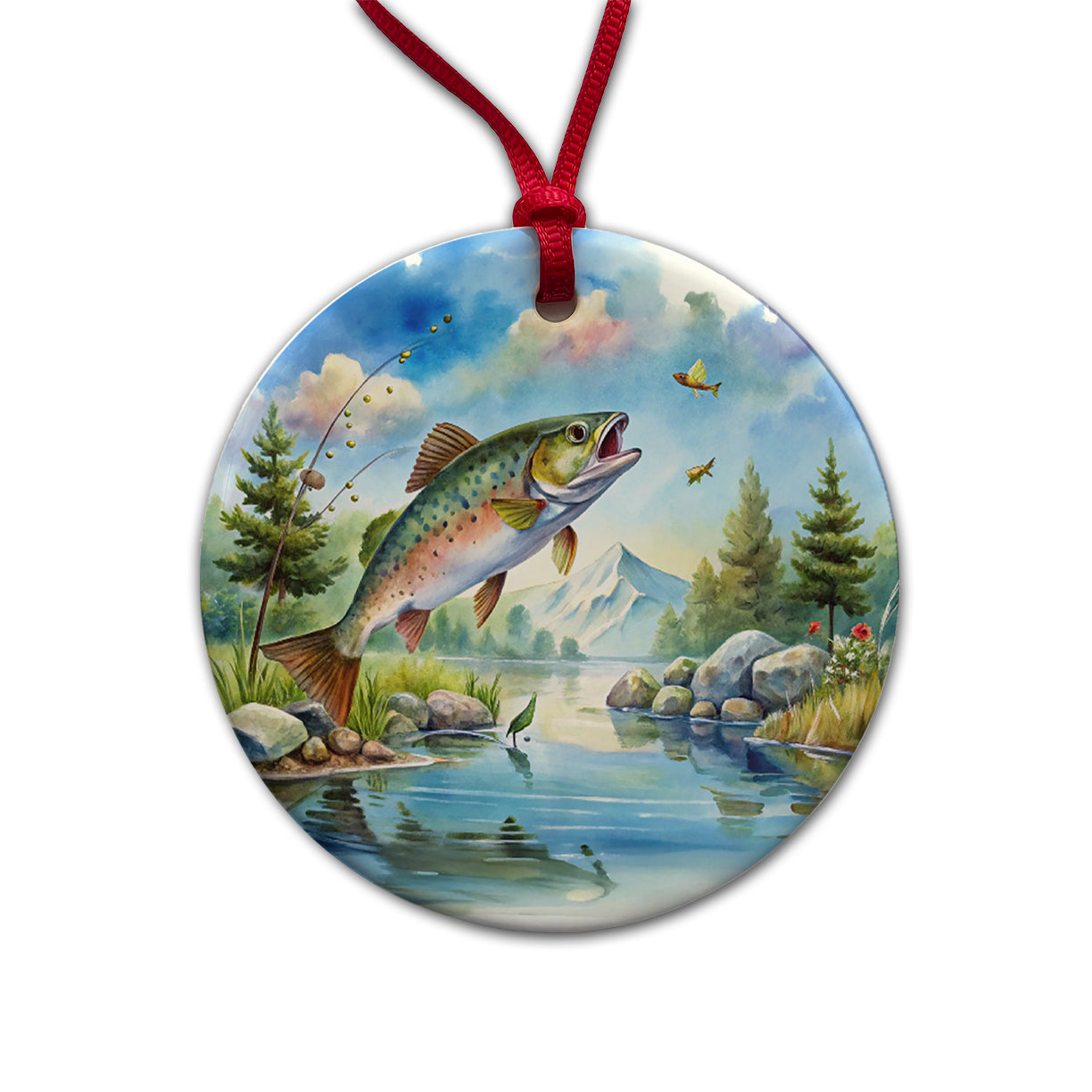 Fish Jumping Stream Lake Fishing Watercolor Round Ceramic Holiday Christmas Tree Ornament