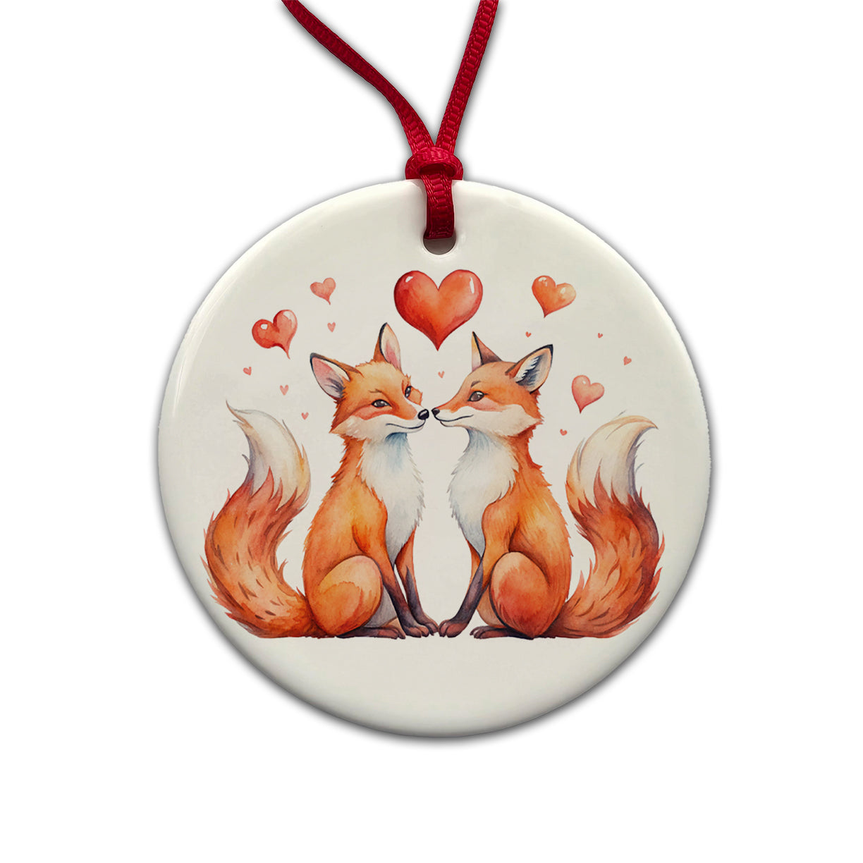 Foxes In Love With Hearts Valentine's Day Round Ceramic Holiday Christmas Tree Ornament