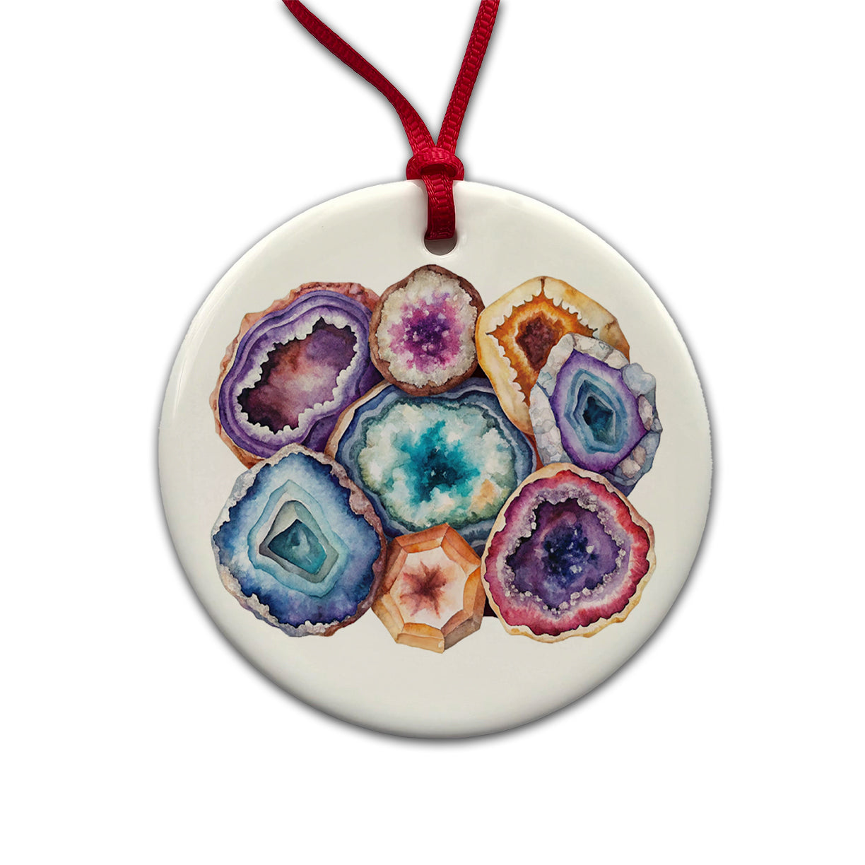 Geode Volcanic Crystals Cut Open Watercolor Round Ceramic Holiday Christmas Tree Ornament
